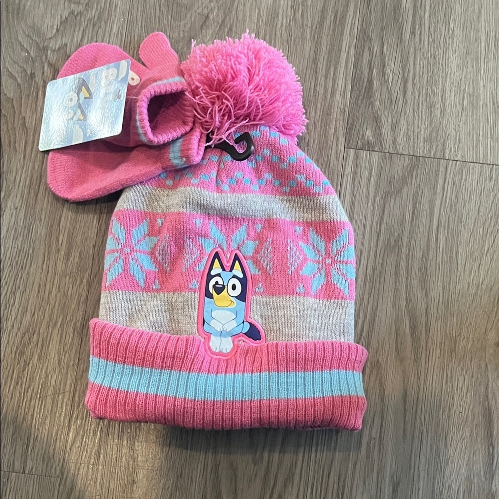 Bluey Pink and Gray Snowflake Hat with Mittens